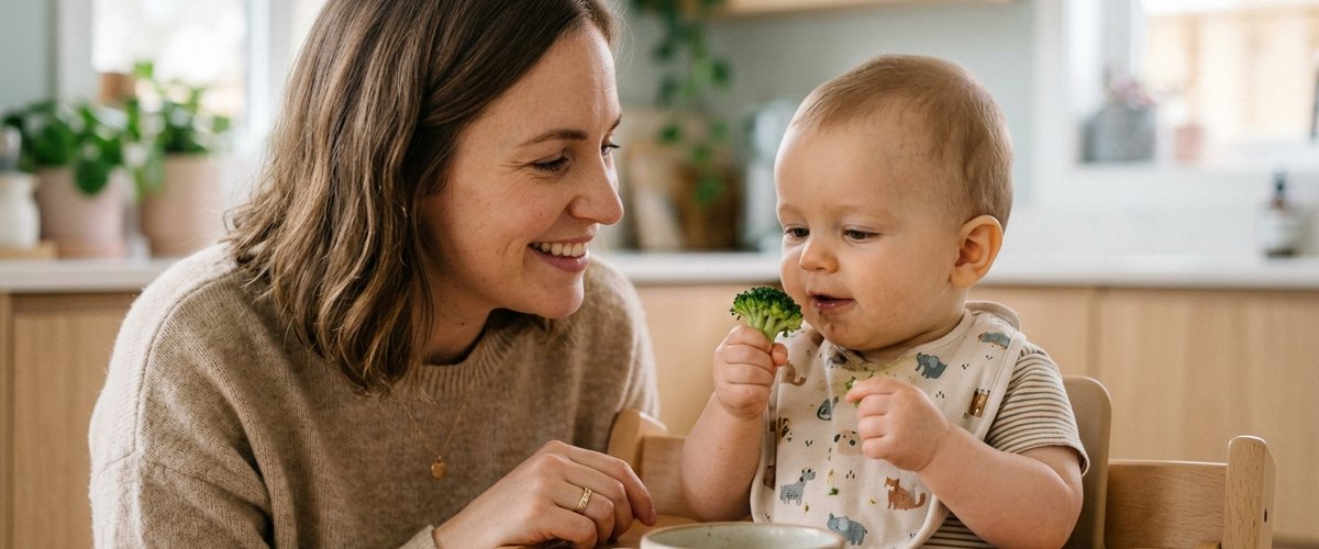 Happy mom watching baby enjoy healthy food