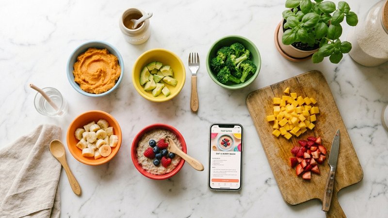 Baby food recipe library with colorful meals